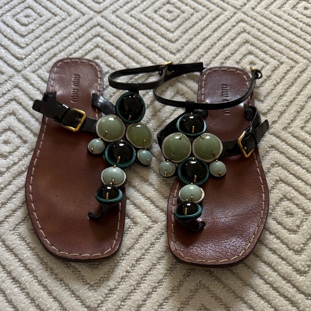 Miu Miu Black and Green Beaded Sandals